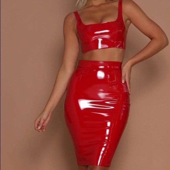 red two piece skirt set